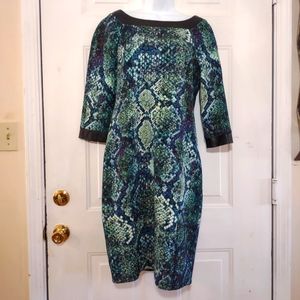 Cartise Blue/Green Snake Print 1/4 Sleeves Dress. Size 8. NWOT
